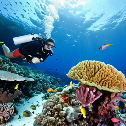 Home 15 **
A vibrant underwater scene in Palau, showcasing a diverse coral reef teeming with colorful fish. Focus on the contrast between healthy corals and bleached corals, with plastic waste subtly entangled in the reef. The image should evoke both beauty and a sense of environmental concern. Consider adding scuba divers observing the scene to illustrate human impact.
**
