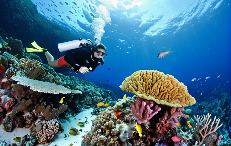 **
A vibrant underwater scene in Palau, showcasing a diverse coral reef teeming with colorful fish. Focus on the contrast between healthy corals and bleached corals, with plastic waste subtly entangled in the reef. The image should evoke both beauty and a sense of environmental concern. Consider adding scuba divers observing the scene to illustrate human impact.
**