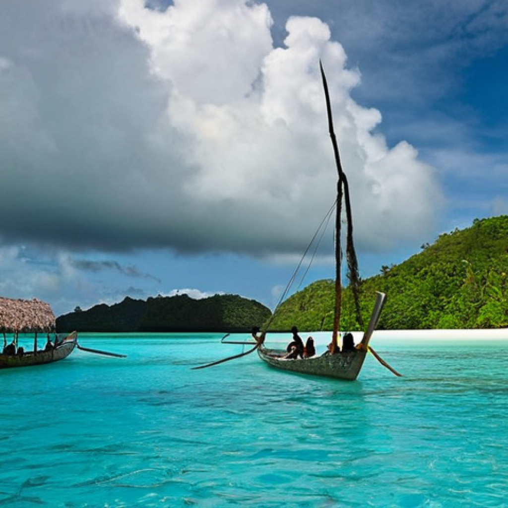 **

A panoramic view of Palau's Rock Islands, showcasing their unique mushroom-like shapes and vibrant turquoise waters. In the background, subtle storm clouds hint at the climate change challenges faced by the island nation. In the foreground, a traditional Palauan outrigger canoe glides through the water, symbolizing the blend of tradition and resilience. Capture the beauty and vulnerability of Palau's natural landscape.

**