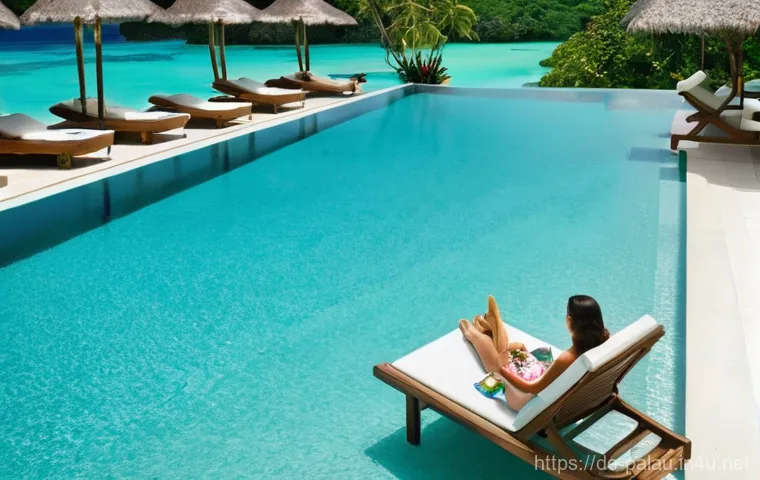 팔라우의 가장 인기 있는 리조트 비교 - **Prompt for Palau Pacific Resort:**
    "A stunning, high-angle shot of the Palau Pacific Resort's ...