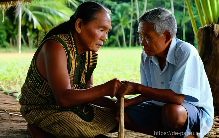 팔라우의 대표적인 지역 축제 - A heartwarming scene of a Palauan communal feast under the shade of tropical trees. Families and fri...