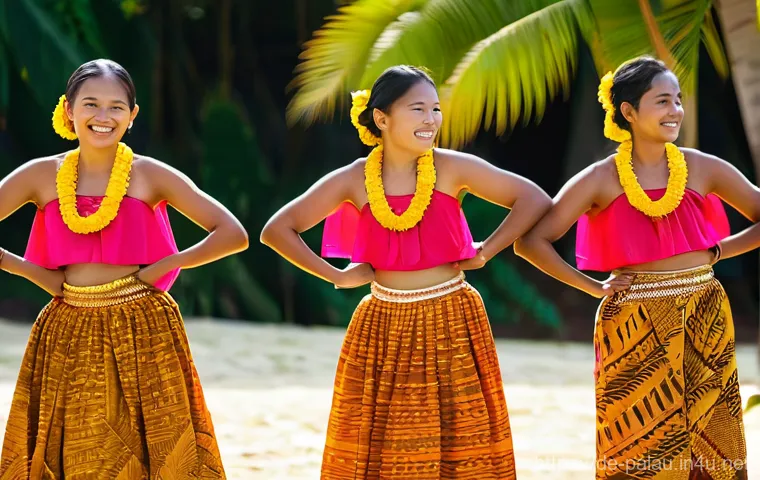 팔라우 전통 춤과 음악 - **Prompt:** A group of Palauan women of various ages, from young adults to elders, performing a trad...