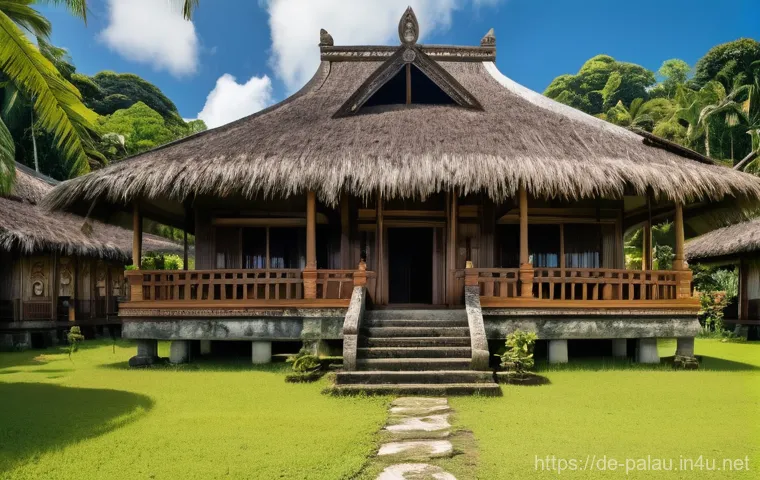 팔라우 전통 가옥과 생활 방식 - **Prompt: "A majestic traditional Palauan Bai house, standing proudly on an elevated stone foundatio...
