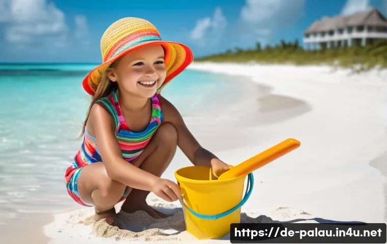 팔라우 카약 및 패들보드 체험 - **Prompt:** "A young girl, around 7 years old, wearing a colorful swimsuit and a sun hat, is buildin...