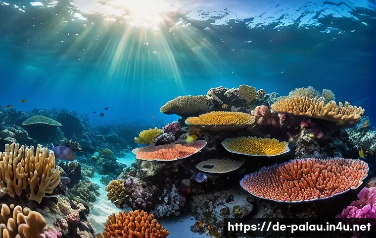 팔라우 스노클링 포인트 - A vibrant underwater coral reef scene in Palau during the dry season, featuring a rich variety of co...