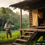 Home 20 팔라우 벌레 및 질병 예방 - A detailed tropical travel scene set in Palau during dusk, featuring a German tourist dressed in lon...