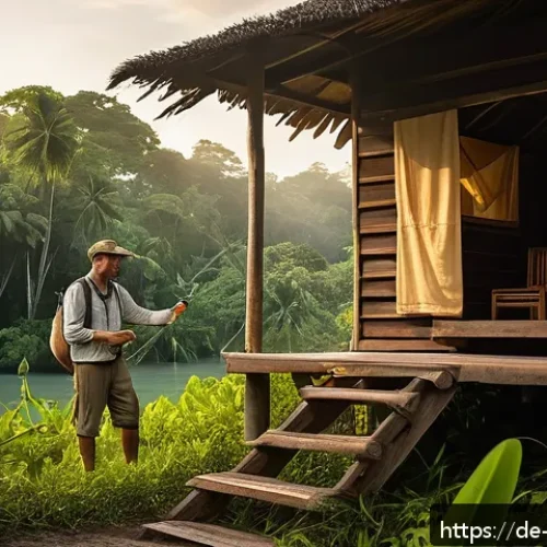 Home 32 팔라우 벌레 및 질병 예방 - A detailed tropical travel scene set in Palau during dusk, featuring a German tourist dressed in lon...