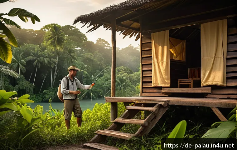 팔라우 벌레 및 질병 예방 - A detailed tropical travel scene set in Palau during dusk, featuring a German tourist dressed in lon...