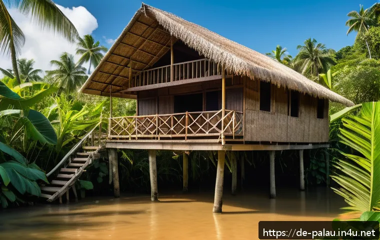 팔라우 전통 건축양식 - A traditional Palauan house built with local natural materials, featuring wooden beams from native t...