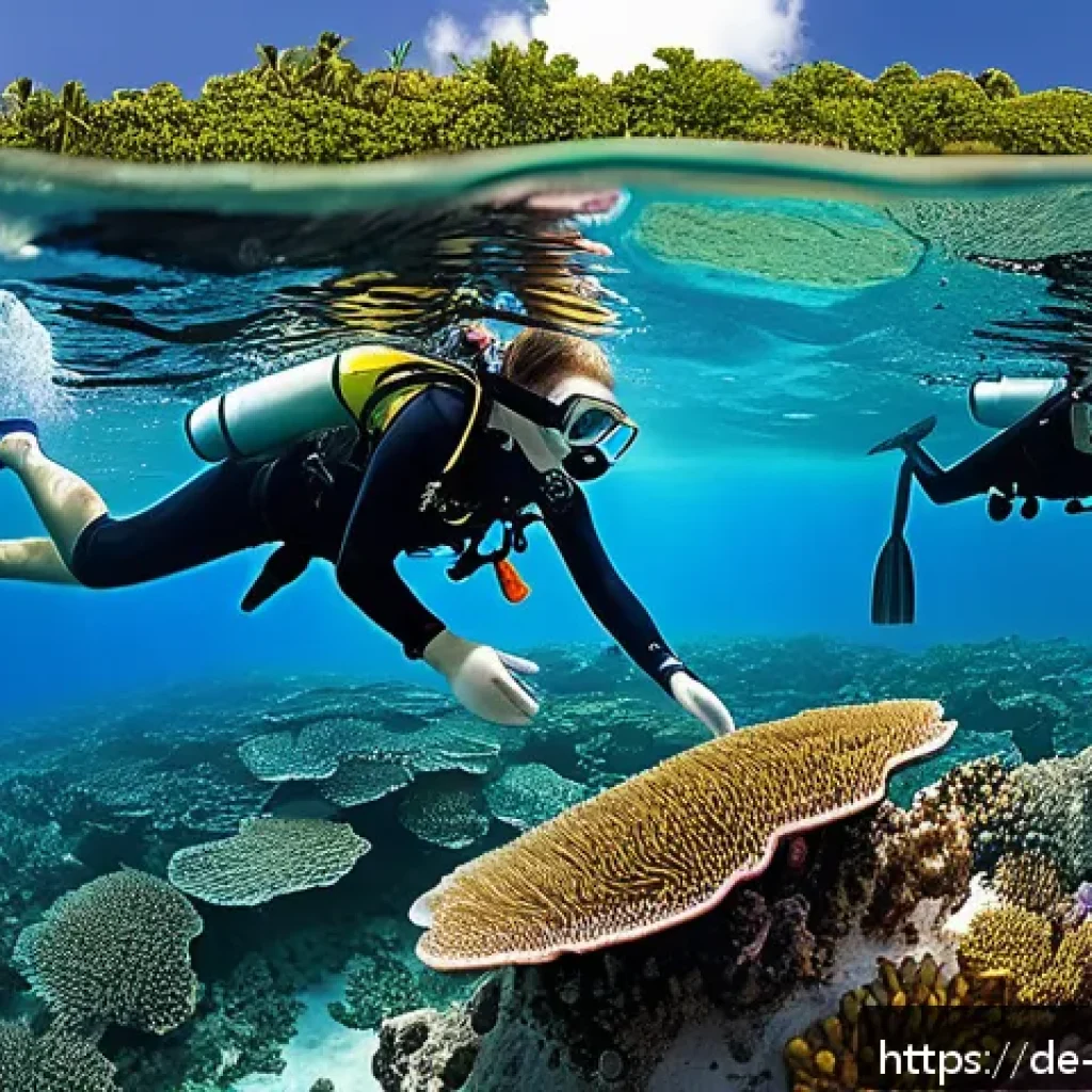 팔라우에서의 자원봉사 기회 - A vibrant underwater scene depicting coral reef restoration in Palau, showing diverse colorful coral...