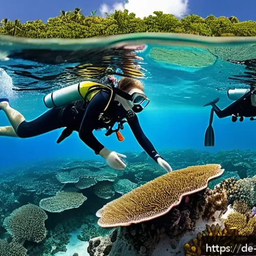 Home 30 팔라우에서의 자원봉사 기회 - A vibrant underwater scene depicting coral reef restoration in Palau, showing diverse colorful coral...