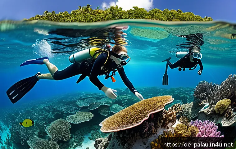 팔라우에서의 자원봉사 기회 - A vibrant underwater scene depicting coral reef restoration in Palau, showing diverse colorful coral...