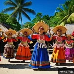 Home 23 팔라우 현지 축제와 행사 - A vibrant traditional Palauan dance festival scene featuring a diverse group of dancers wearing colo...