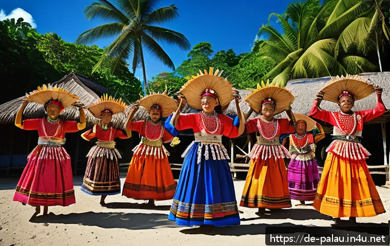 팔라우 현지 축제와 행사 - A vibrant traditional Palauan dance festival scene featuring a diverse group of dancers wearing colo...