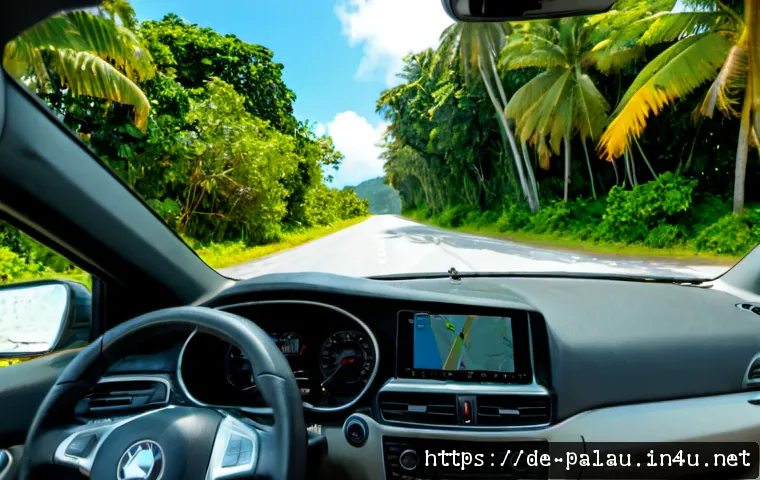 Home 17 팔라우에서의 운전법 - Photorealistic wide-angle view from inside a right-hand-drive rental car on a quiet tropical island ...