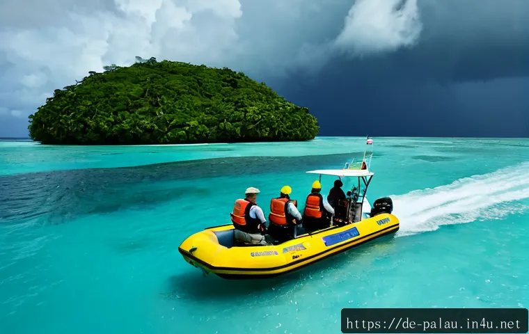 팔라우에서 자주 발생하는 사건 사고 - Photorealistic travel safety scene in Palau: German middle-aged tourists wearing life jackets on a s...