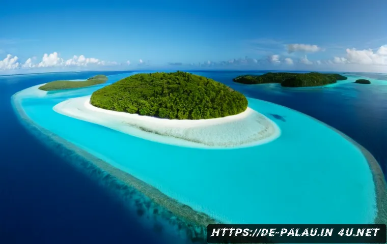 팔라우에서 가장 아름다운 해변 - Photorealistic aerial view of a pristine Palau beach, luminous turquoise lagoon fading into deep blu...