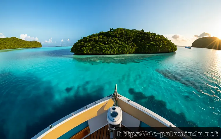 팔라우 관광산업과 경제 - Photorealistic wide-angle view of Palau’s turquoise lagoon at sunrise, a small eco-tour boat carryin...